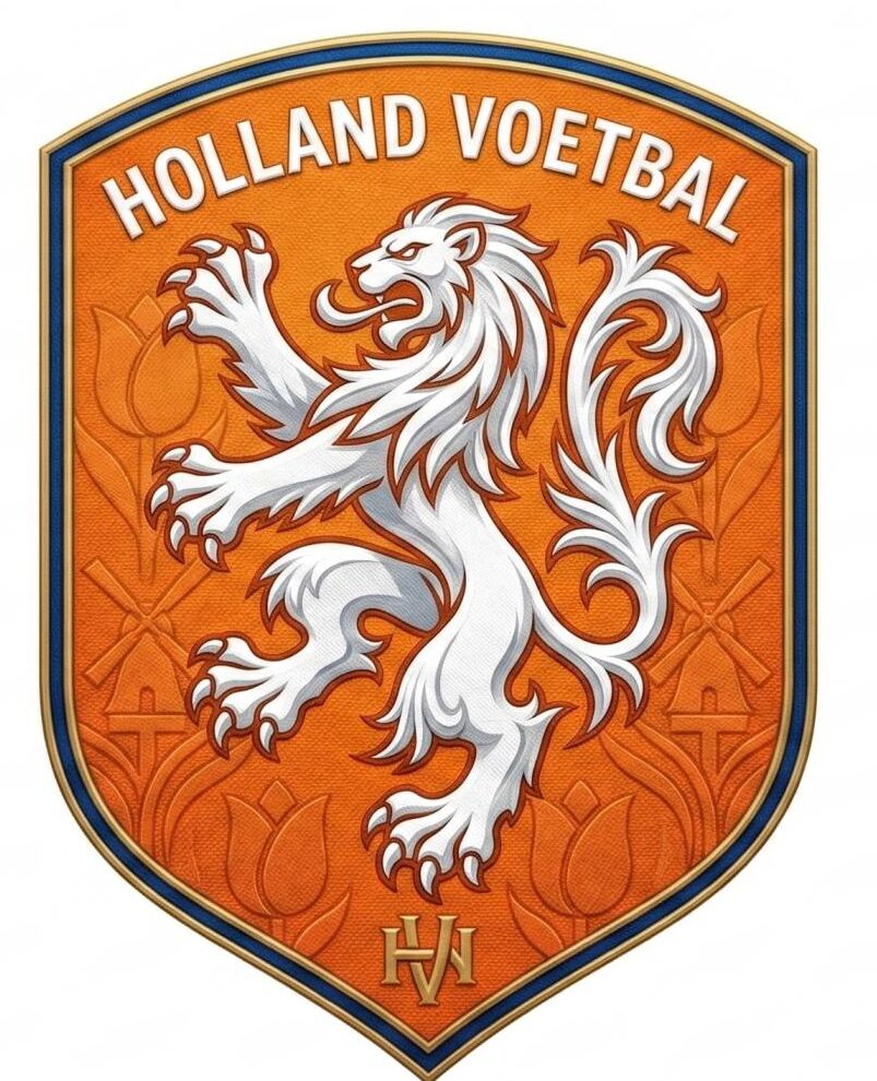 Holland Voetbal logo met een witte heraldische leeuw op een oranje schild met tulp- en windmolenpatronen, voor alle voetbalwedstrijden vandaag.